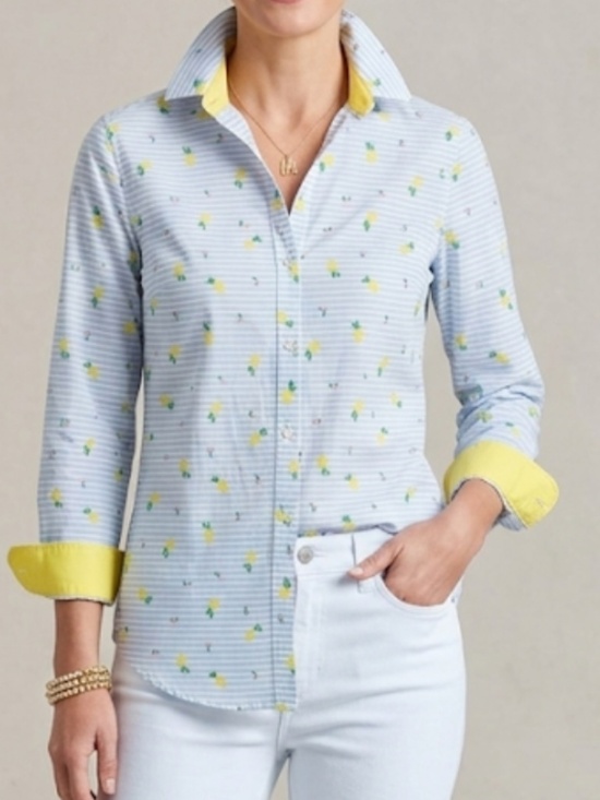 J Mclaughlin Tops - NEW J McLaughlin Lois Button Front Shirt Yellow Lemon Motif Blue White Stripe XS